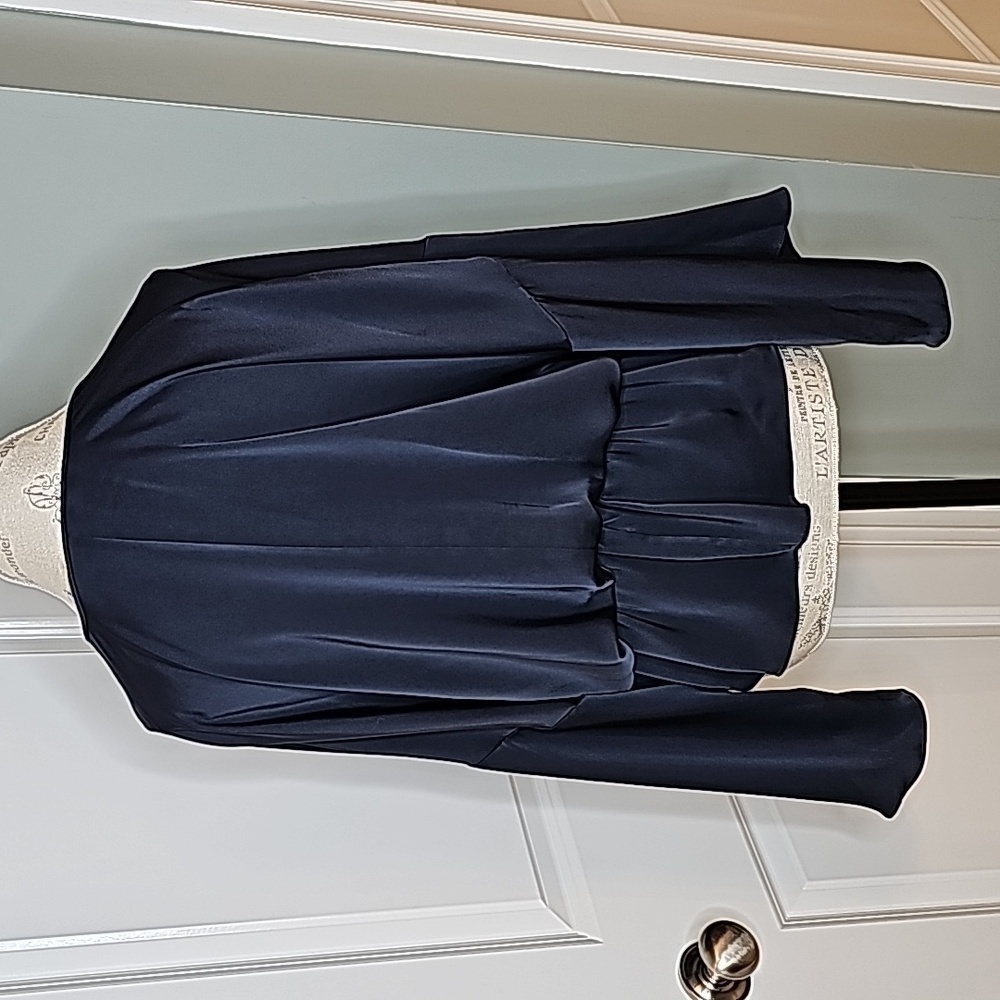 Ramy Brook Navy Blue Katrina Tie Neck Bell Sleeve Blouse - Size Large - Picture 5 of 10